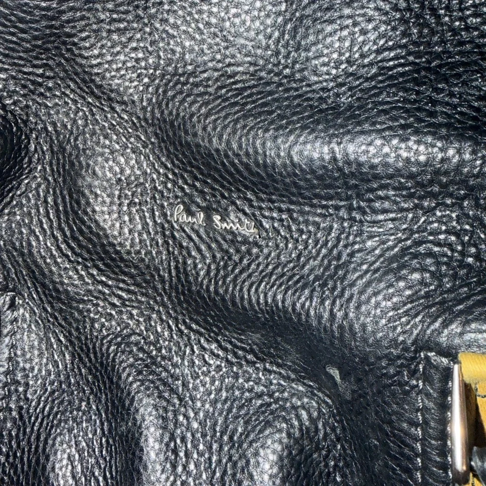 Paul Smith Black Leather Weekender Bag with Multicolor signature strip